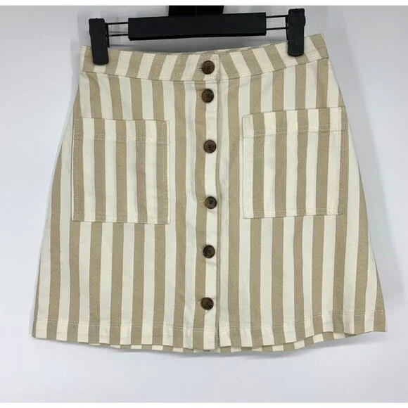 Old Navy Skirt Beige Tan Stripe A Line Pocket Mini Button Front - Picture 2 of 9